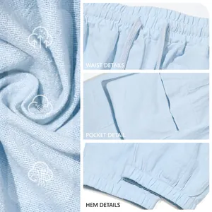Detail views of light blue breathable linen trousers: waist, pocket, and hem features.