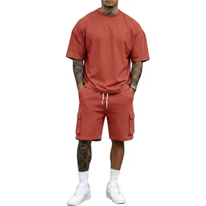 Detailed view of men's terracotta summer casual T-shirt and cargo shorts sports outfit set