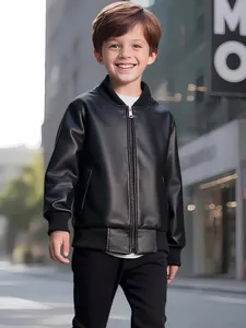 Detailed close-up of a stylish black PU leather baseball jacket for boys with zipper