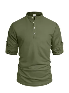 Detail of olive green waffle Henley shirt with roll-up sleeves and button neck