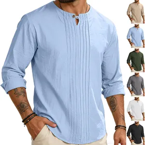 Detailed presentation of men's casual cotton linen long sleeve shirt in multiple colors
