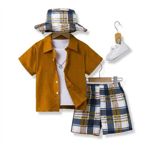 Boys' summer outfit set with mustard shirt, plaid shorts, and matching bucket hat