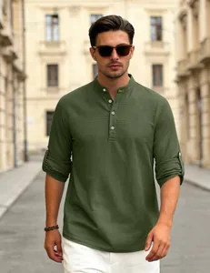 Detailed view of men's olive green waffle knit Henley shirt in a casual street setting