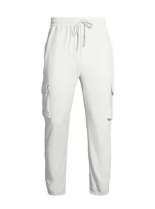 Front view of men's breathable white linen cargo pants featuring drawstring waist and pockets