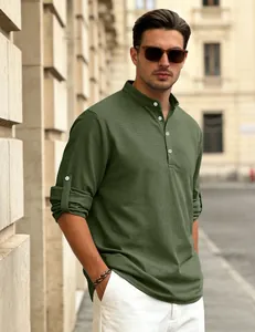 Close-up of men's army green waffle knit Henley shirt with roll-up sleeves