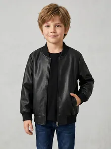 Front view of boys' black faux leather bomber jacket with ribbed collar and cuffs