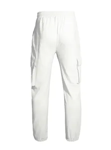 Detailed rear view of white linen cargo pants with multiple pockets and elastic waist