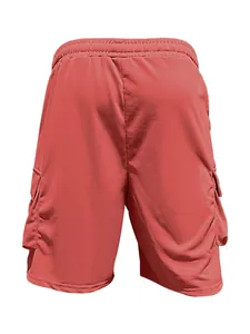 Back view of men's summer loose cargo shorts in coral pink with elastic waist