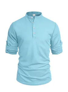 Light blue waffle knit Henley shirt with long sleeves and roll-up button tabs for men