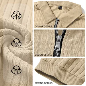 Close-up details of men's vertical stripe half-zip knit polo shirt showing fabric texture