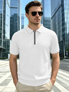 Detailed view of a white vertical ribbed knit polo shirt with a half-zipper collar