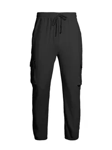 Breathable black linen cargo pants for men featuring drawstring waist and pockets
