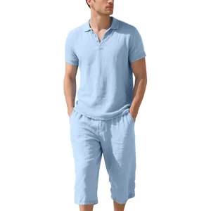 Men's light blue breathable linen Polo shirt and cropped pants summer leisure set