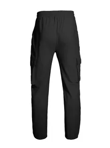 Detailed back view of men's lightweight black cargo joggers with multi-pockets and elastic waist.