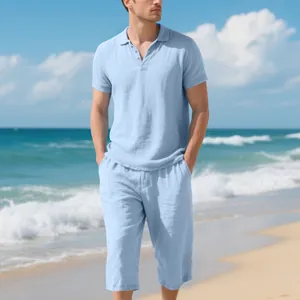 Men's light blue breathable linen polo shirt and cropped pants set on a sunny beach