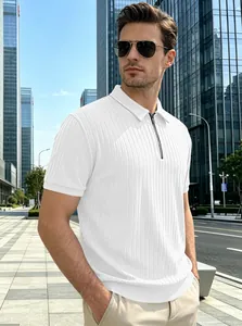 Stylish men's white vertical striped jacquard knit Polo shirt with half-zip detail.