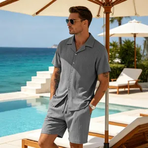 Men's summer gray ribbed knit short sleeve shirt and shorts casual two-piece outfit