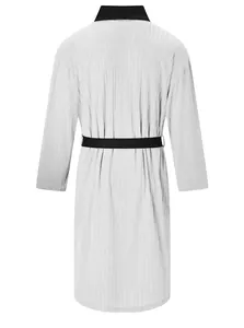 Back view of men's long ribbed white bathrobe with contrast black collar and belt