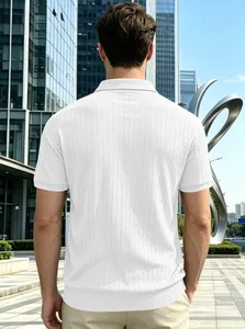 Back view of white vertical striped knit Polo shirt showing textured jacquard fabric