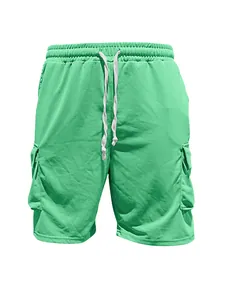 Detailed macro shot of mint green men's casual summer cargo shorts with white drawstring.