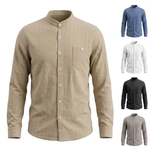 Detail view showing men's linen band collar striped shirts in multiple casual colors