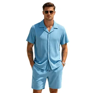 Men's light blue vertical striped short sleeve shirt and shorts set for summer