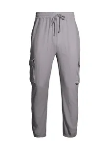 Men's lightweight grey linen cargo pants with drawstring waist and elastic ankle cuffs