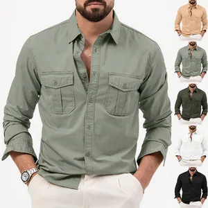 Men's casual long-sleeve cargo shirt with multi-pockets and lapel collar in multiple colors