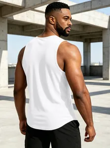 Detailed back view of a white quick-dry athletic tank top for men on a muscular model
