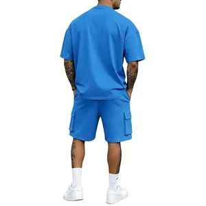 Back view of a men's loose blue summer T-shirt and cargo shorts sportswear set