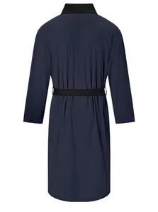 Back view of men's navy blue ribbed bathrobe with black collar and tie waist belt