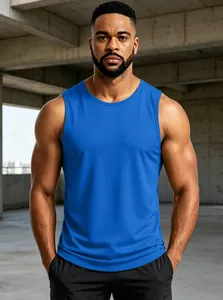 Close-up view of men's blue quick-dry athletic tank top with breathable mesh texture