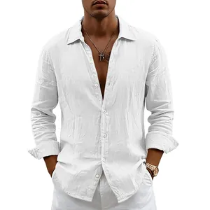 Macro view of premium white long-sleeve linen shirt for men with button details