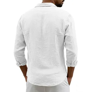 Back view detail of men's white linen long-sleeved shirt with breathable fabric texture