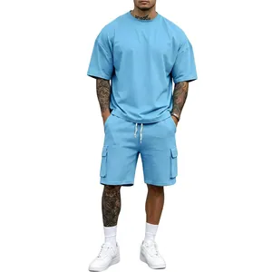 Detail showing a light blue summer two-piece men's lounge set with cargo shorts.