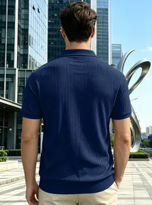 Detailed back view of men's navy blue vertical ribbed jacquard knit polo shirt