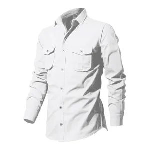 Men's classic white long-sleeve cargo shirt featuring double chest pockets and lapel
