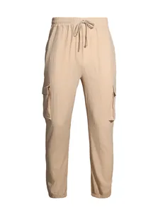 Front view of men's lightweight breathable linen cargo joggers with drawstring waist