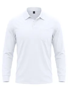 Detail eines weißen langärmeligen Mesh-Poloshirts mit Brusttasche und Knopfleiste.