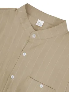 Detail showing linen fabric texture and striped pattern of men's stand collar shirt