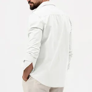 Detail showing the back view of a white casual utility shirt for men with loose fit