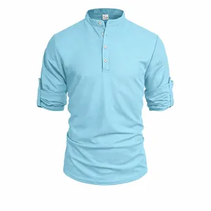 Men Waffle Knit Henley Shirt Casual Loose Breathable Polyester Solid Color Stand Collar Roll-up Sleeve Top For Men