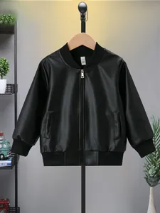 Detailed front view of a premium black faux leather bomber jacket for young boys.