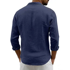 Back view of a men's dark blue linen long-sleeved shirt with a textured fabric finish