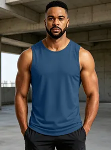 Men's breathable mesh quick-dry fitness tank top in solid blue color for gym training
