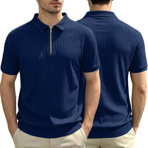 Detail of men's navy blue ribbed knit polo shirt showing front zip and back view