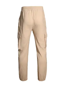 Detailed back view of men's breathable linen cargo pants with elastic waist and pockets