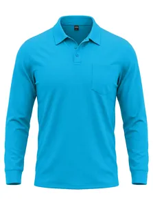 Hochwertiges blaues langärmeliges Mesh-Poloshirt für Herren mit geknöpftem Kragen und Tasche