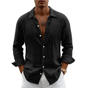 Casual men's breathable black linen shirt with long sleeves and lapel collar for summer.