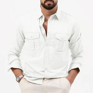 Men's minimalist white workwear shirt featuring double chest pockets and long sleeves